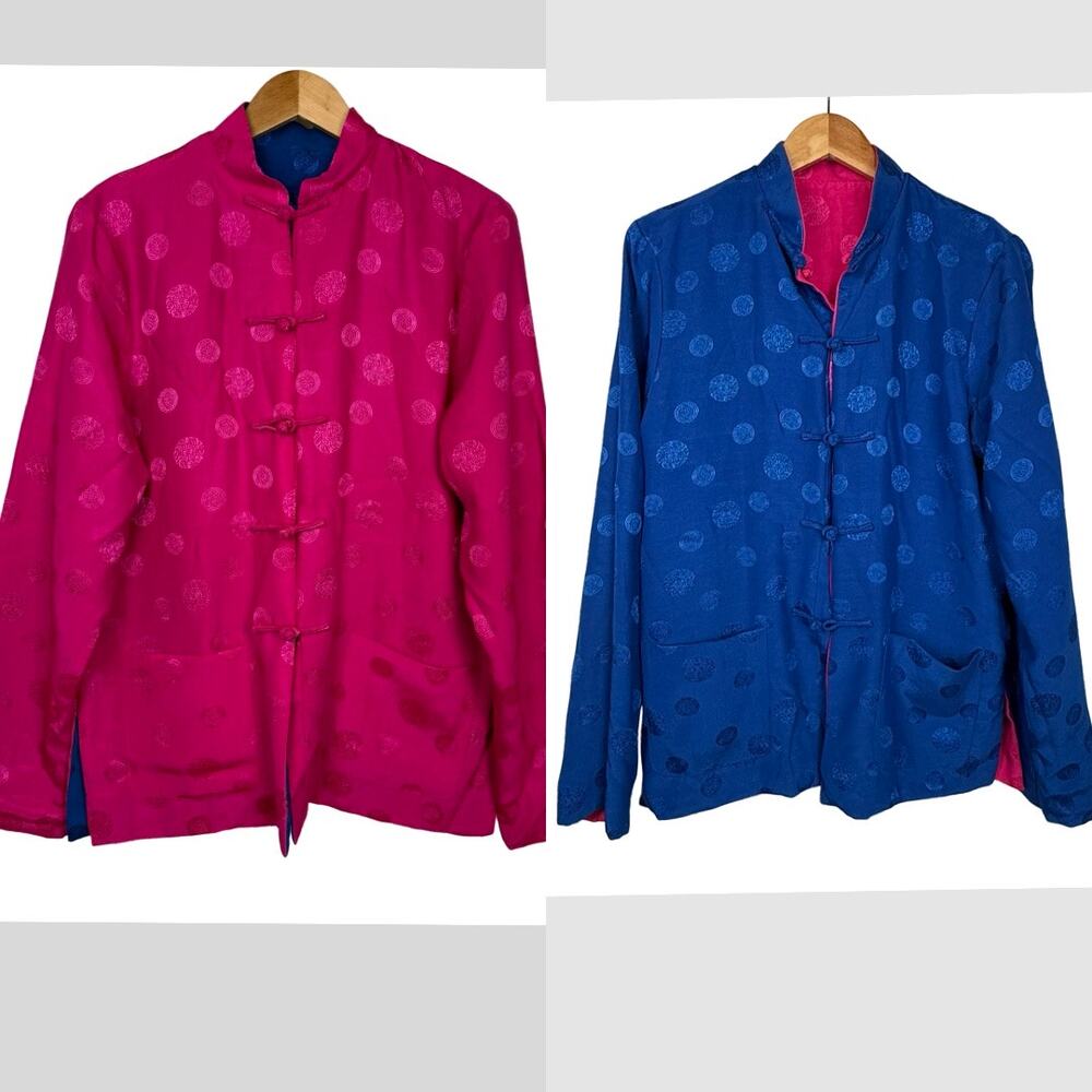 Reversible Asian Eastern Inspired‎ Jacket Women's XL Satin Brocade Pink Blue